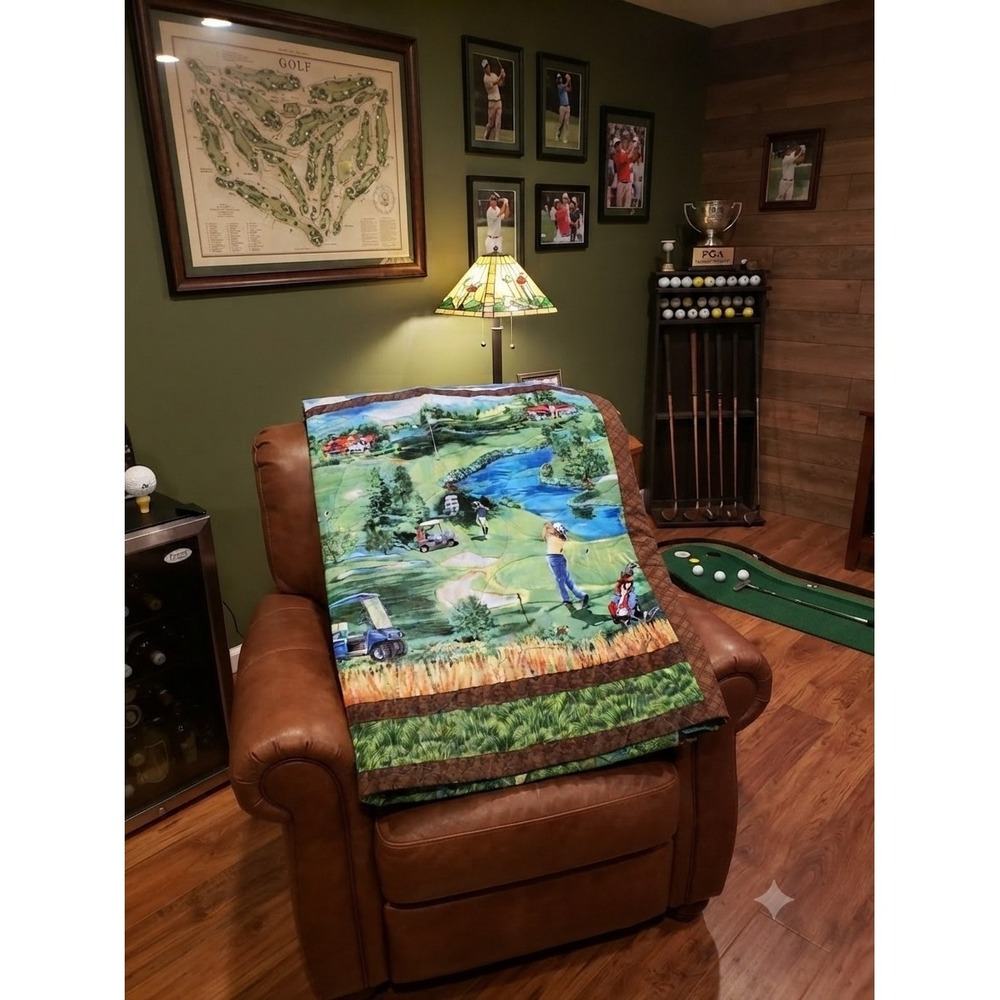 Handmade Golf Course Quilt Throw Blanket Golfers Carts 43x53